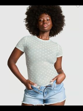PINK Victoria's Secret Sheer Light Sage Short Sleeve Floral Tee